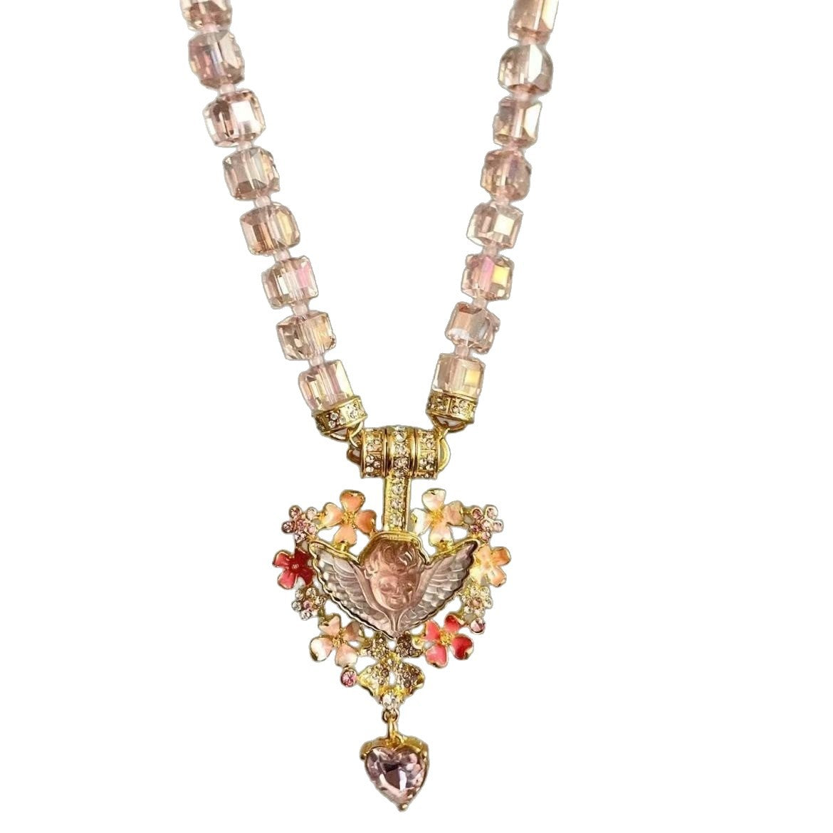 Vintage Style Sleeping Angel Heart Pendant Necklace – Pink Crystal Cube Bead Chain Statement Choker for Women