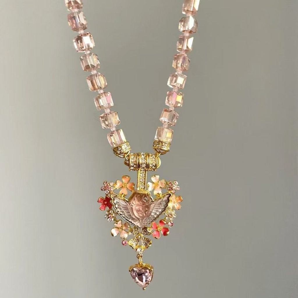 Vintage Style Sleeping Angel Heart Pendant Necklace – Pink Crystal Cube Bead Chain Statement Choker for Women