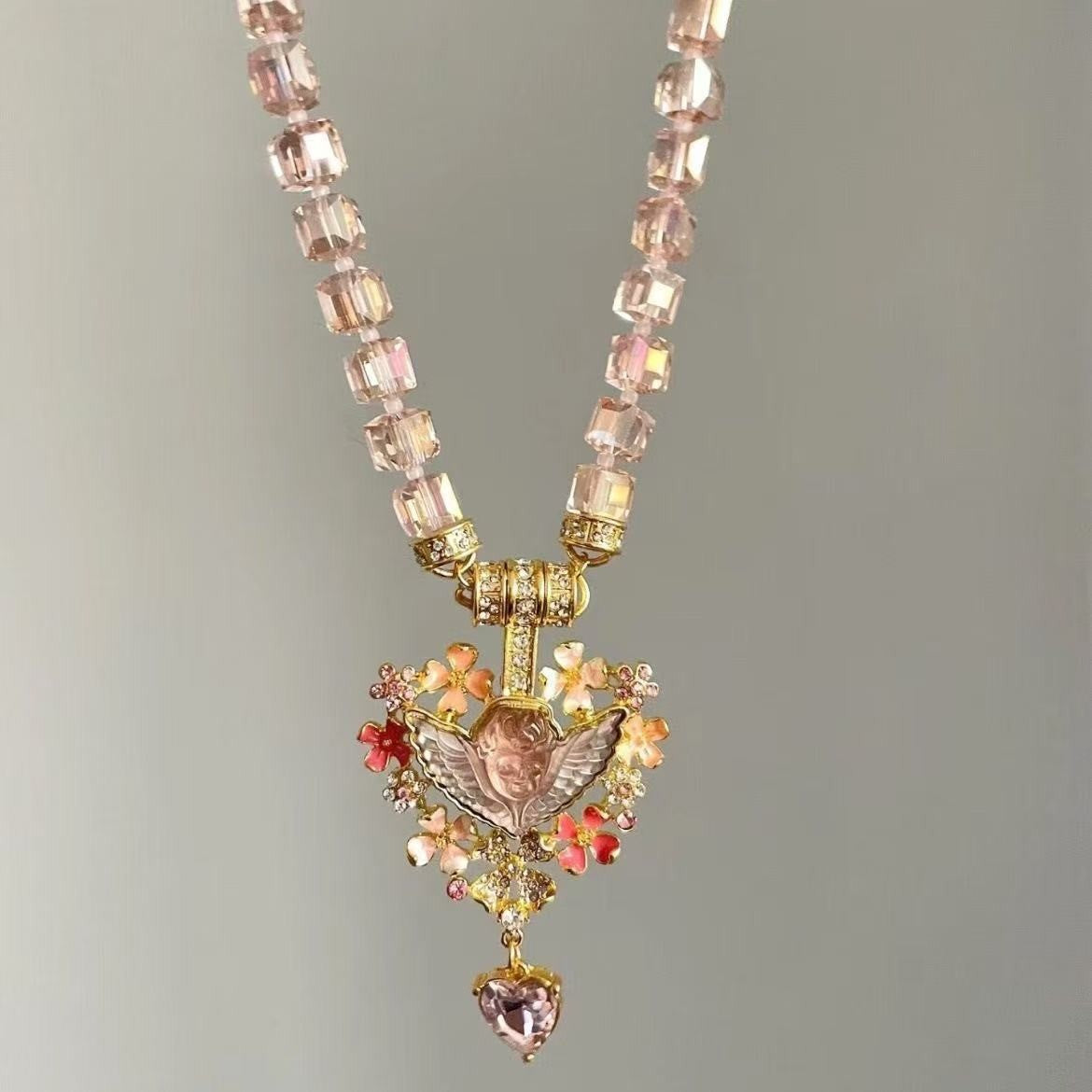 Vintage Style Sleeping Angel Heart Pendant Necklace – Pink Crystal Cube Bead Chain Statement Choker for Women