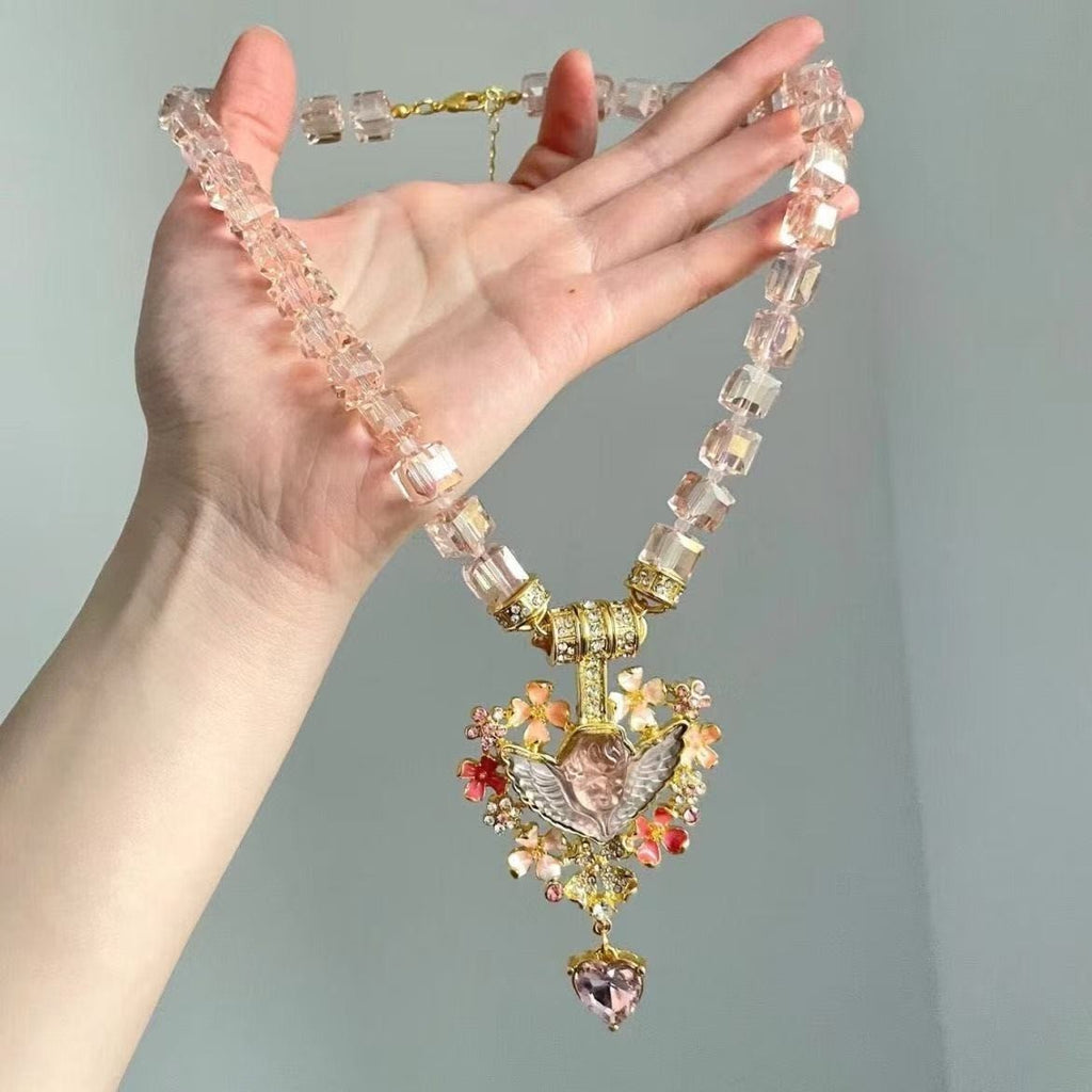 Vintage Style Sleeping Angel Heart Pendant Necklace – Pink Crystal Cube Bead Chain Statement Choker for Women