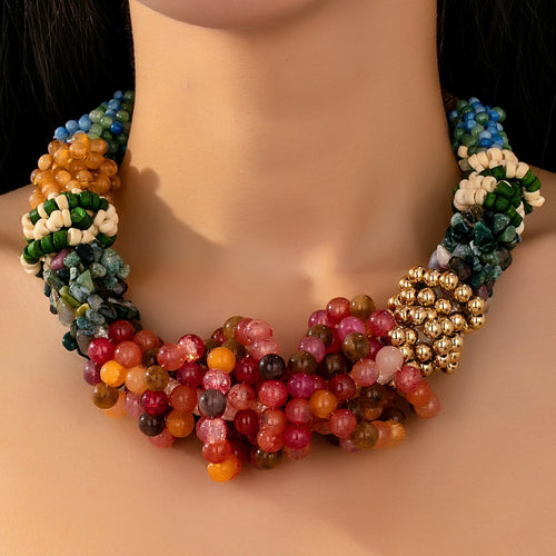 Boho Multi-Gemstone Cluster Statement Necklace | Handcrafted