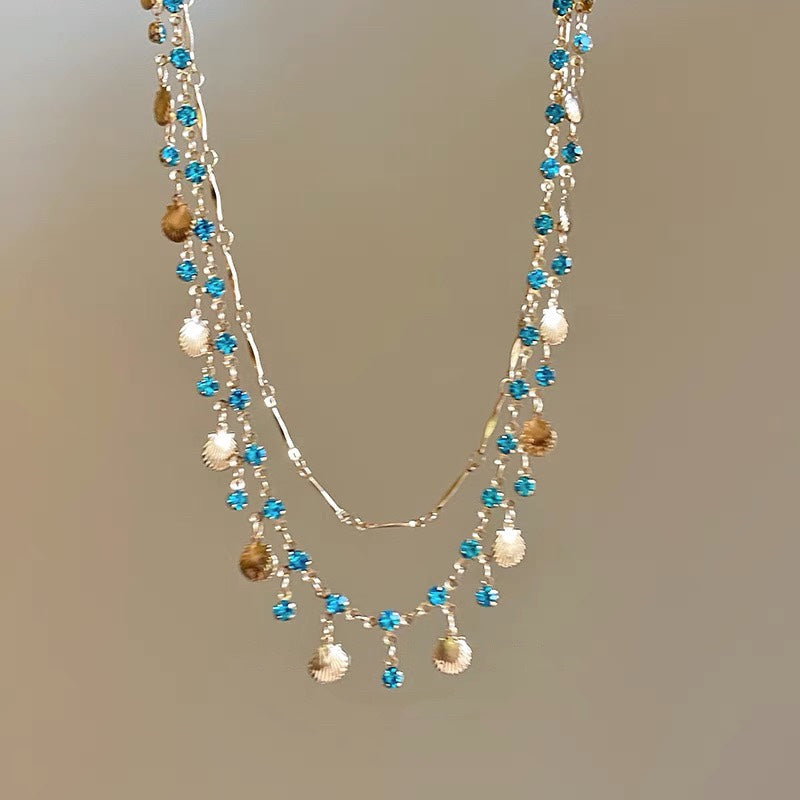 Mermaid Ocean Blue CZ & Gold Shell Jewelry Set