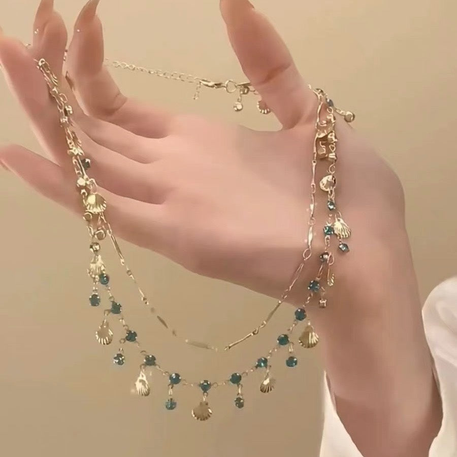 Mermaid Ocean Blue CZ & Gold Shell Jewelry Set