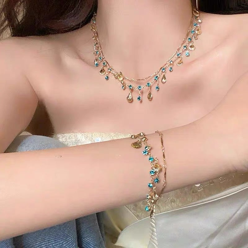 Mermaid Ocean Blue CZ & Gold Shell Jewelry Set