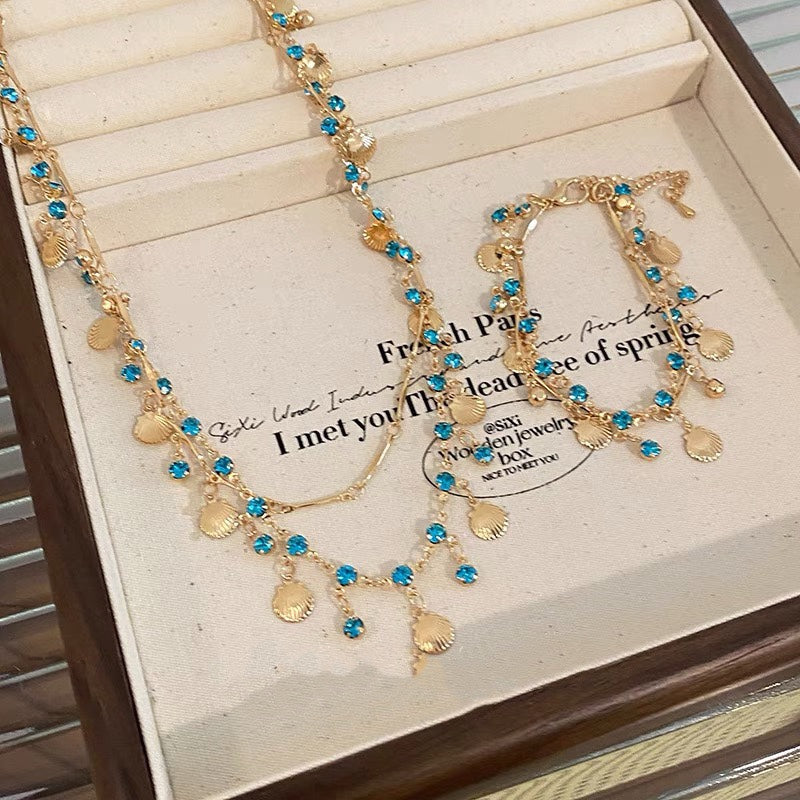 Mermaid Ocean Blue CZ & Gold Shell Jewelry Set