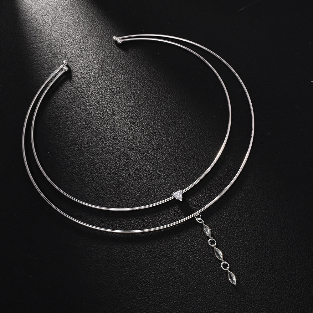 Geometric Double-Layer Choker with Crystal Drop | Gold Plated