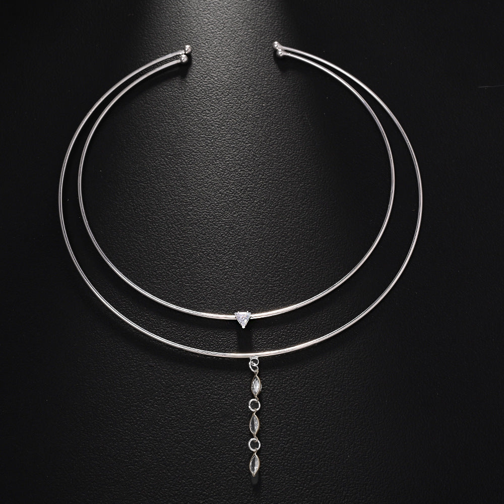 Geometric Double-Layer Choker with Crystal Drop | Gold Plated