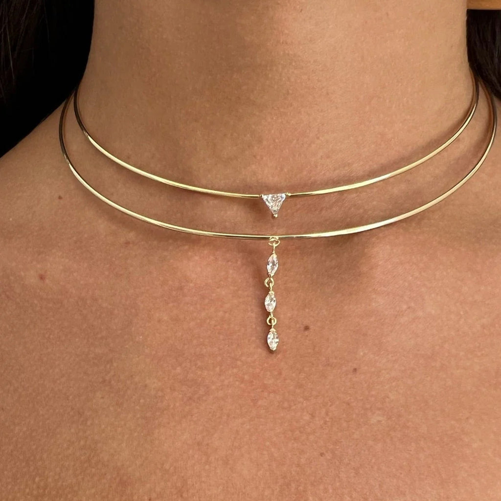 Geometric Double-Layer Choker with Crystal Drop | Gold Plated