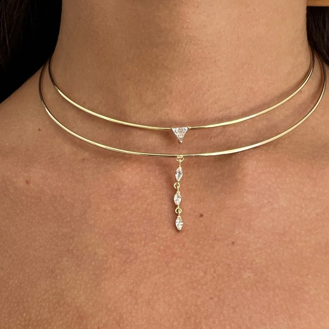 Geometric Double-Layer Choker with Crystal Drop | Gold Plated