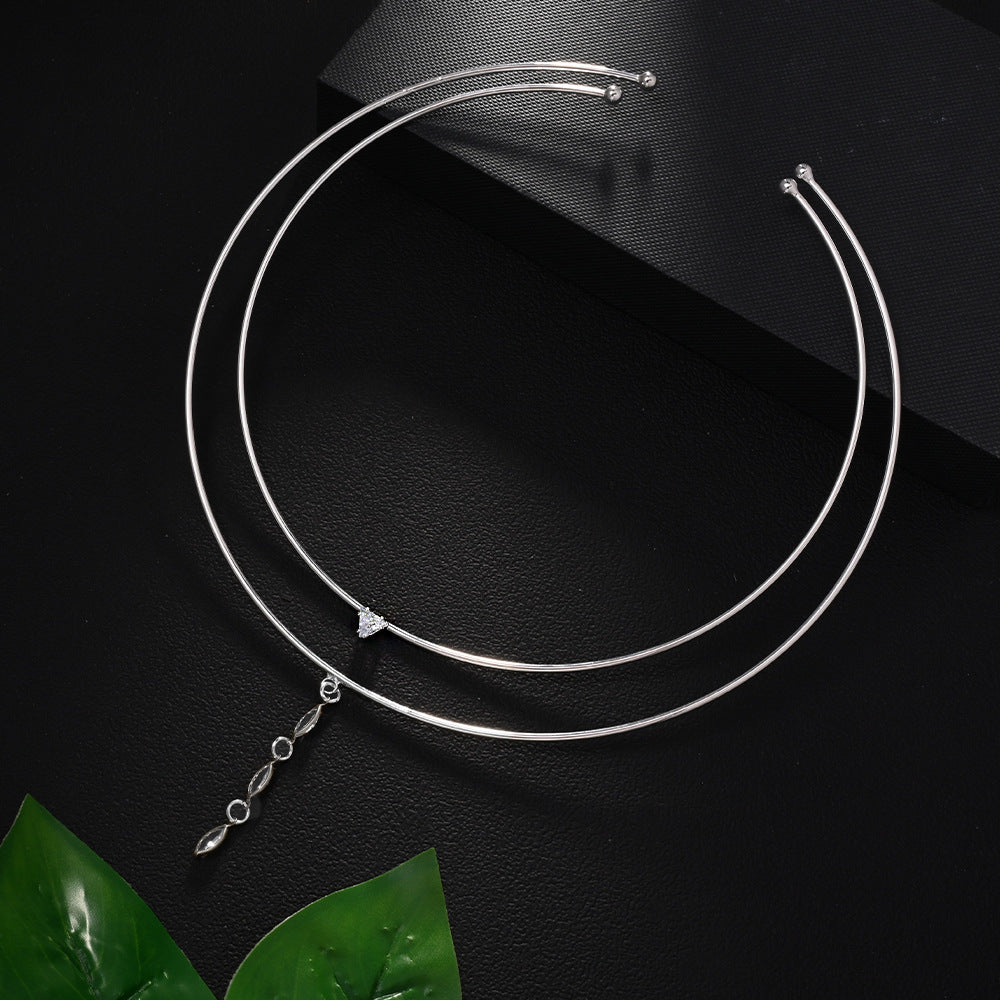 Geometric Double-Layer Choker with Crystal Drop | Gold Plated