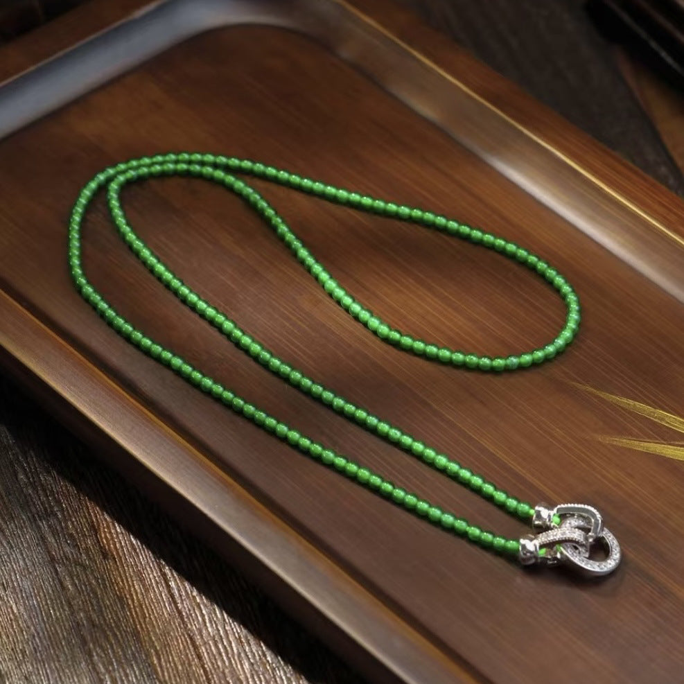 Natural Guatemalan Bright Green Jadeite Micro Bead Necklace – Ultra-Fine New Chinese Jade Clavicle Chain with Silver Clasp