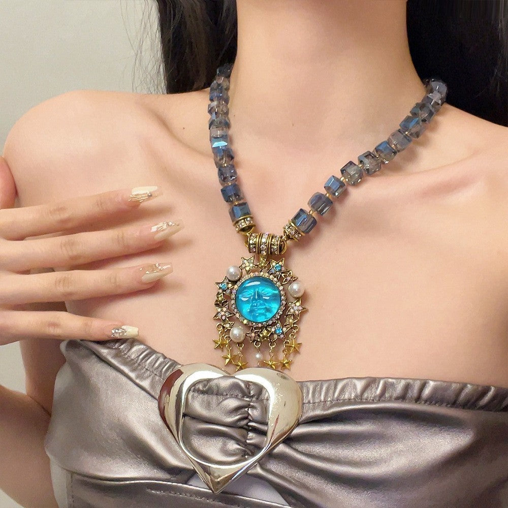 Vintage Style Sleeping Angel Heart Pendant Necklace – Pink Crystal Cube Bead Chain Statement Choker for Women