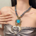 Vintage Style Sleeping Angel Heart Pendant Necklace – Pink Crystal Cube Bead Chain Statement Choker for Women
