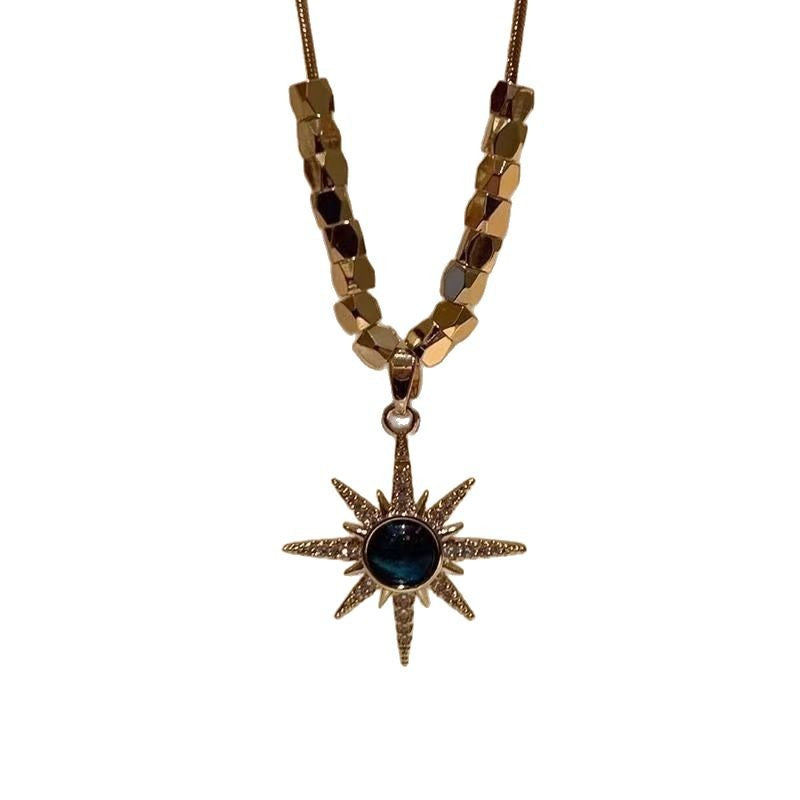 Dreamy Blue Crystal Sunburst Pendant Necklace – Pavé Zircon Starburst Gold Clavicle Chain for Women