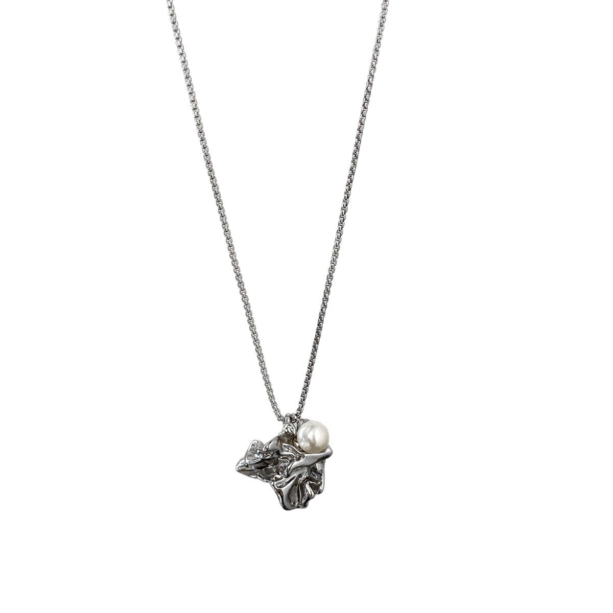 Liquid Metal Irregular Pearl Pendant Necklace – Molten Silver Statement Chain for Women