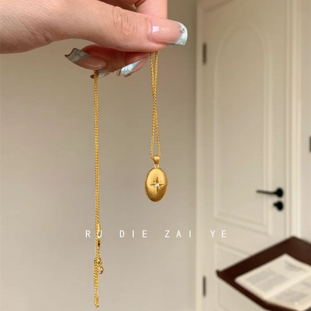 Vintage North Star Oval Coffee Bean Pendant Necklace – Brushed Gold Starburst CZ Clavicle Chain for Women