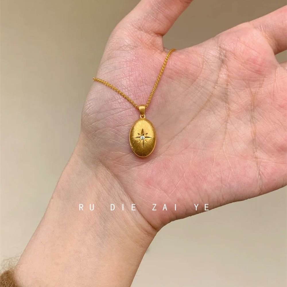 Vintage North Star Oval Coffee Bean Pendant Necklace – Brushed Gold Starburst CZ Clavicle Chain for Women