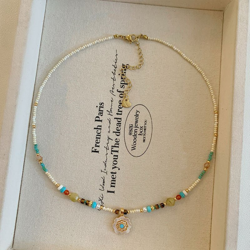 Boho Turquoise Flower Pendant Beaded Necklace – Dainty Natural Stone & Micro-Seed Bead Clavicle Choker for Women