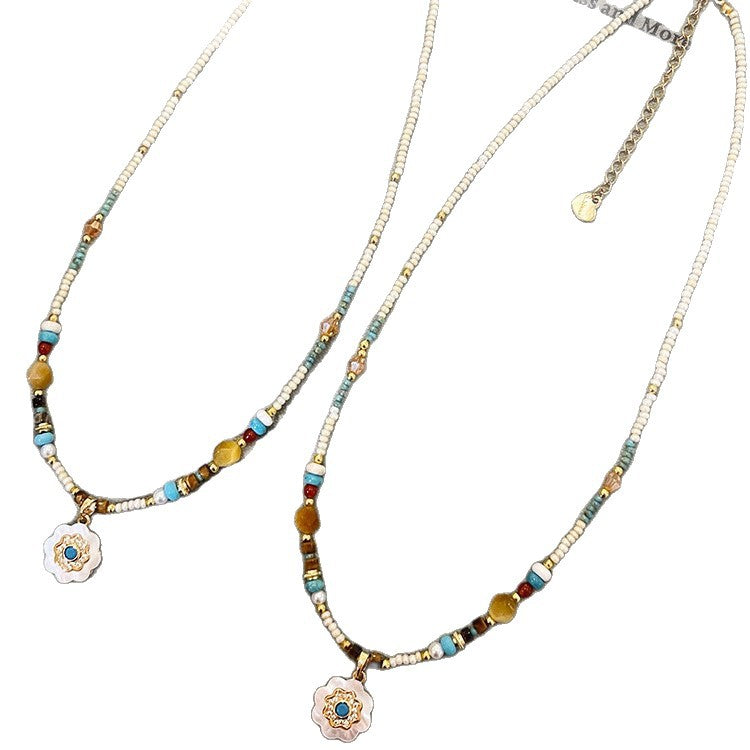 Boho Turquoise Flower Pendant Beaded Necklace – Dainty Natural Stone & Micro-Seed Bead Clavicle Choker for Women