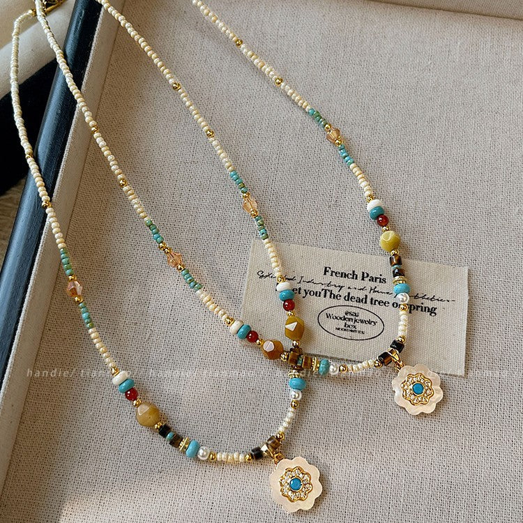 Boho Turquoise Flower Pendant Beaded Necklace – Dainty Natural Stone & Micro-Seed Bead Clavicle Choker for Women