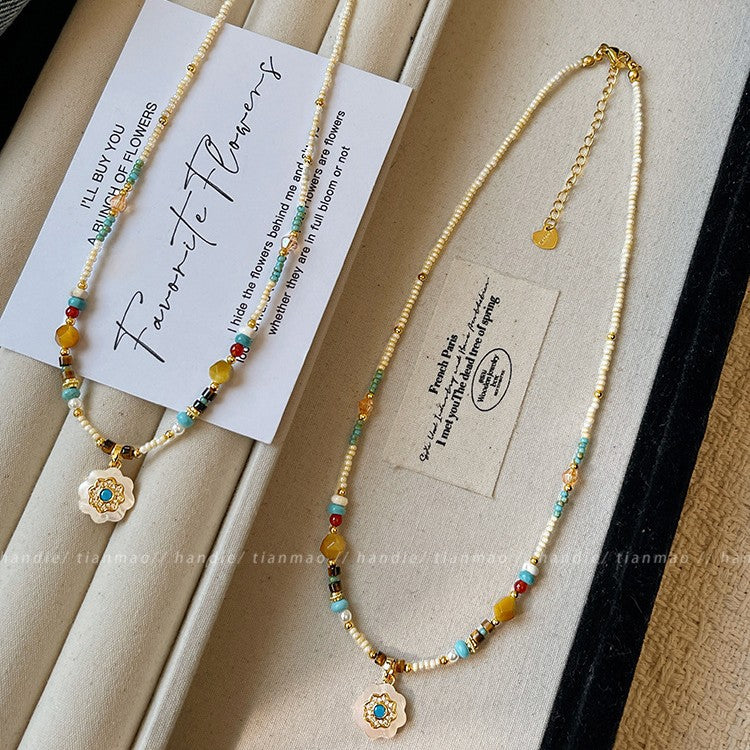 Boho Turquoise Flower Pendant Beaded Necklace – Dainty Natural Stone & Micro-Seed Bead Clavicle Choker for Women