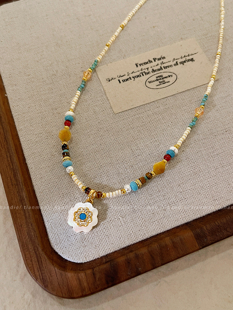 Boho Turquoise Flower Pendant Beaded Necklace – Dainty Natural Stone & Micro-Seed Bead Clavicle Choker for Women