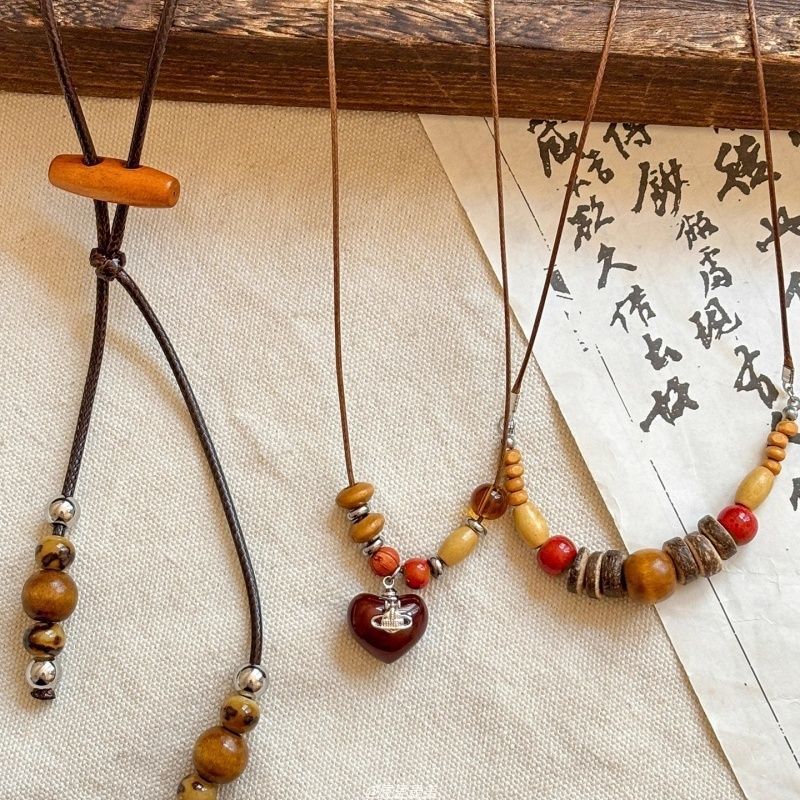 Vintage Layered Wooden Bead Heart Pendant Necklace | Handcrafted