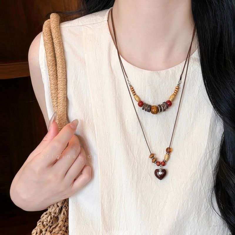 Vintage Layered Wooden Bead Heart Pendant Necklace | Handcrafted