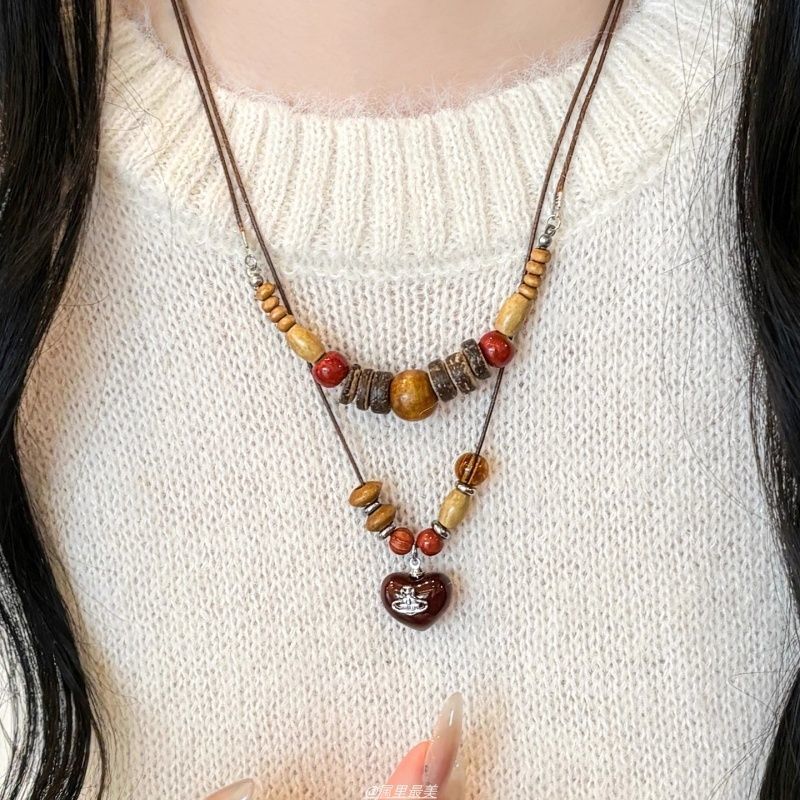 Vintage Layered Wooden Bead Heart Pendant Necklace | Handcrafted