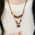 Vintage Layered Wooden Bead Heart Pendant Necklace | Handcrafted