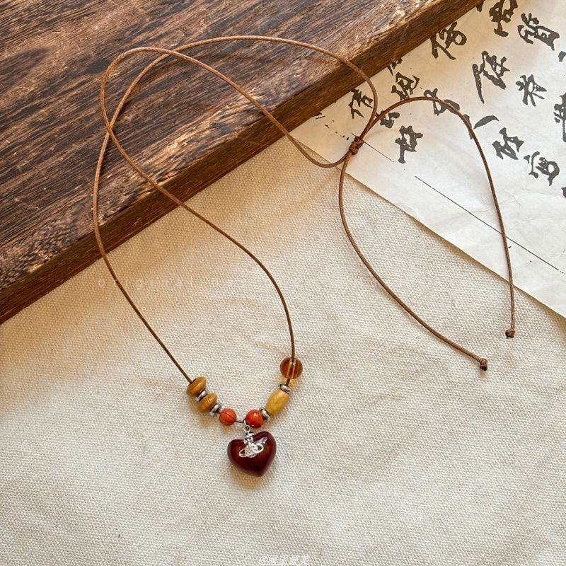Vintage Layered Wooden Bead Heart Pendant Necklace | Handcrafted