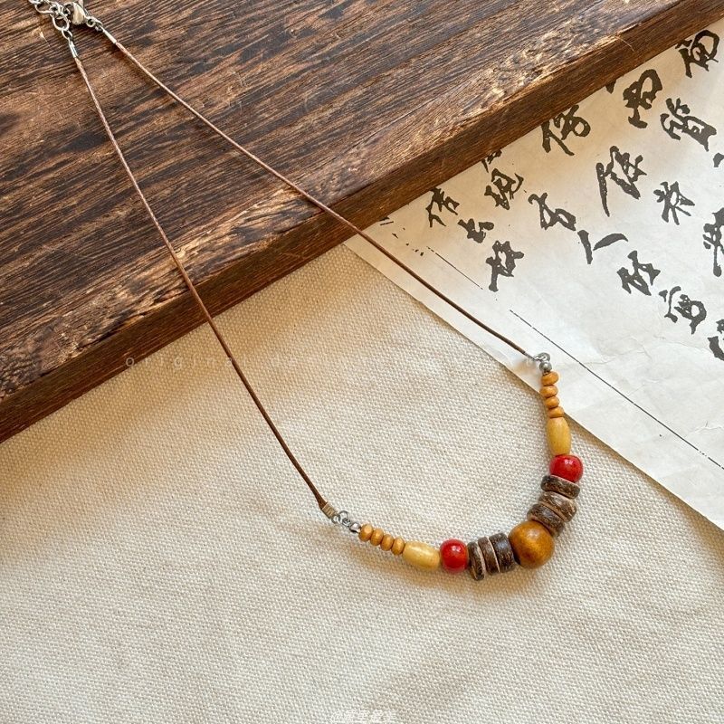 Vintage Layered Wooden Bead Heart Pendant Necklace | Handcrafted