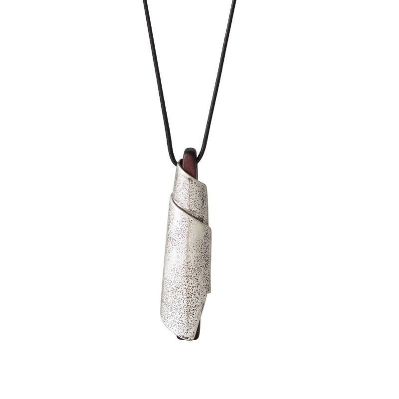 Minimalist Scroll Wrapped Ebony Wood Pendant Necklace – Antique Distress Silver Finish Black Cord Adjustable Long Sweater Chain Unisex