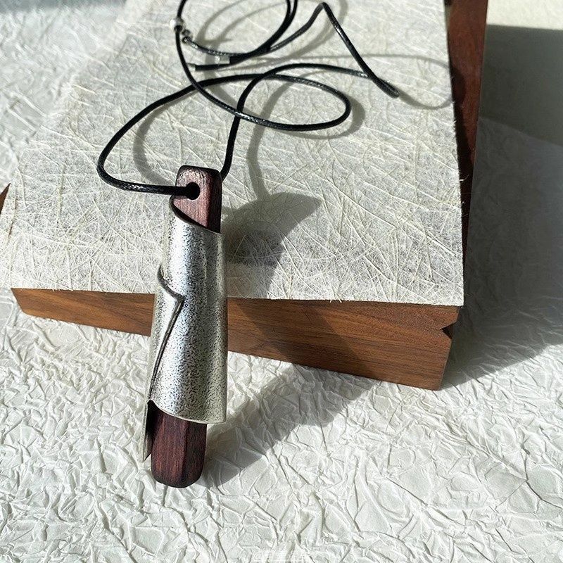 Minimalist Scroll Wrapped Ebony Wood Pendant Necklace – Antique Distress Silver Finish Black Cord Adjustable Long Sweater Chain Unisex