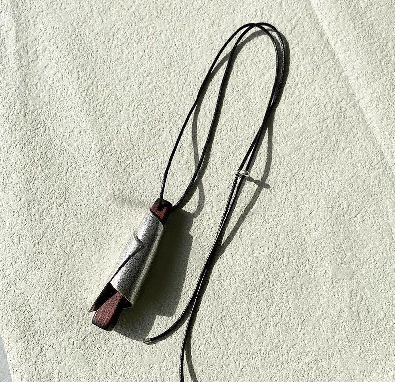 Minimalist Scroll Wrapped Ebony Wood Pendant Necklace – Antique Distress Silver Finish Black Cord Adjustable Long Sweater Chain Unisex