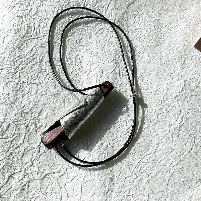 Minimalist Scroll Wrapped Ebony Wood Pendant Necklace – Antique Distress Silver Finish Black Cord Adjustable Long Sweater Chain Unisex