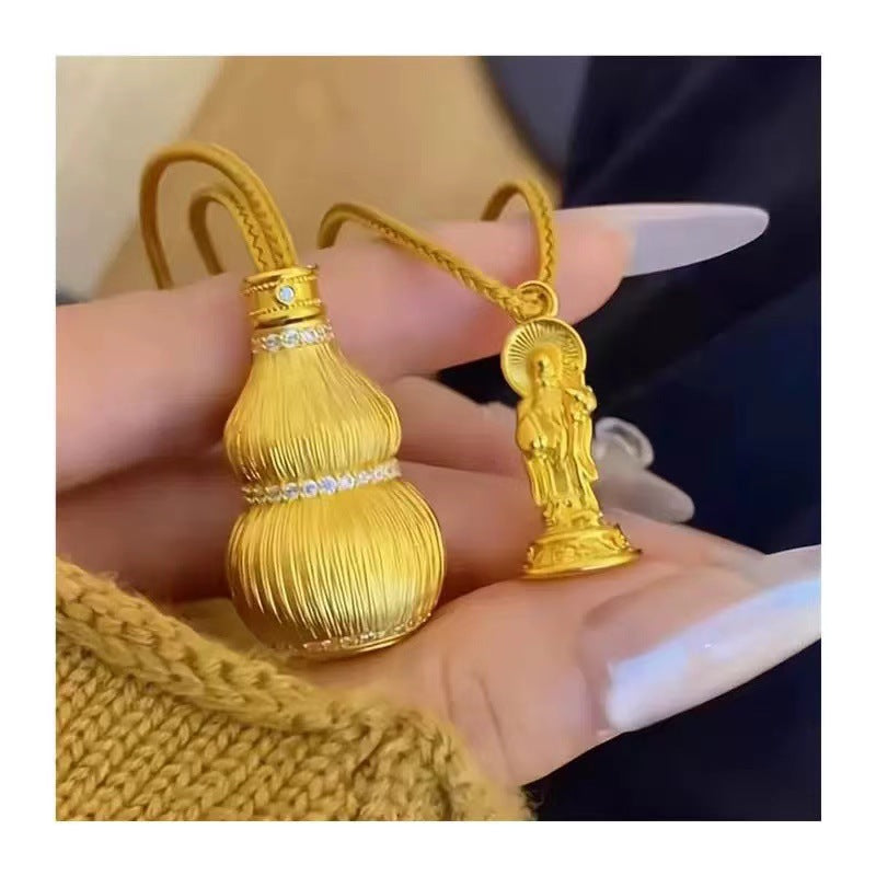 Chinese Heritage Ancient Filigree Gold Gourd Pendant Necklace – Wealth & Fortune Gourd Amulet Chain for Women