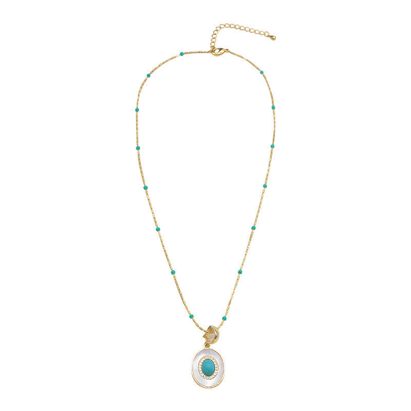 Turquoise & Pearl Layered Necklace Set – Non-Tarnish Gold Bead Chain with Oval Shell Turquoise Pendant Clavicle Choker for Women