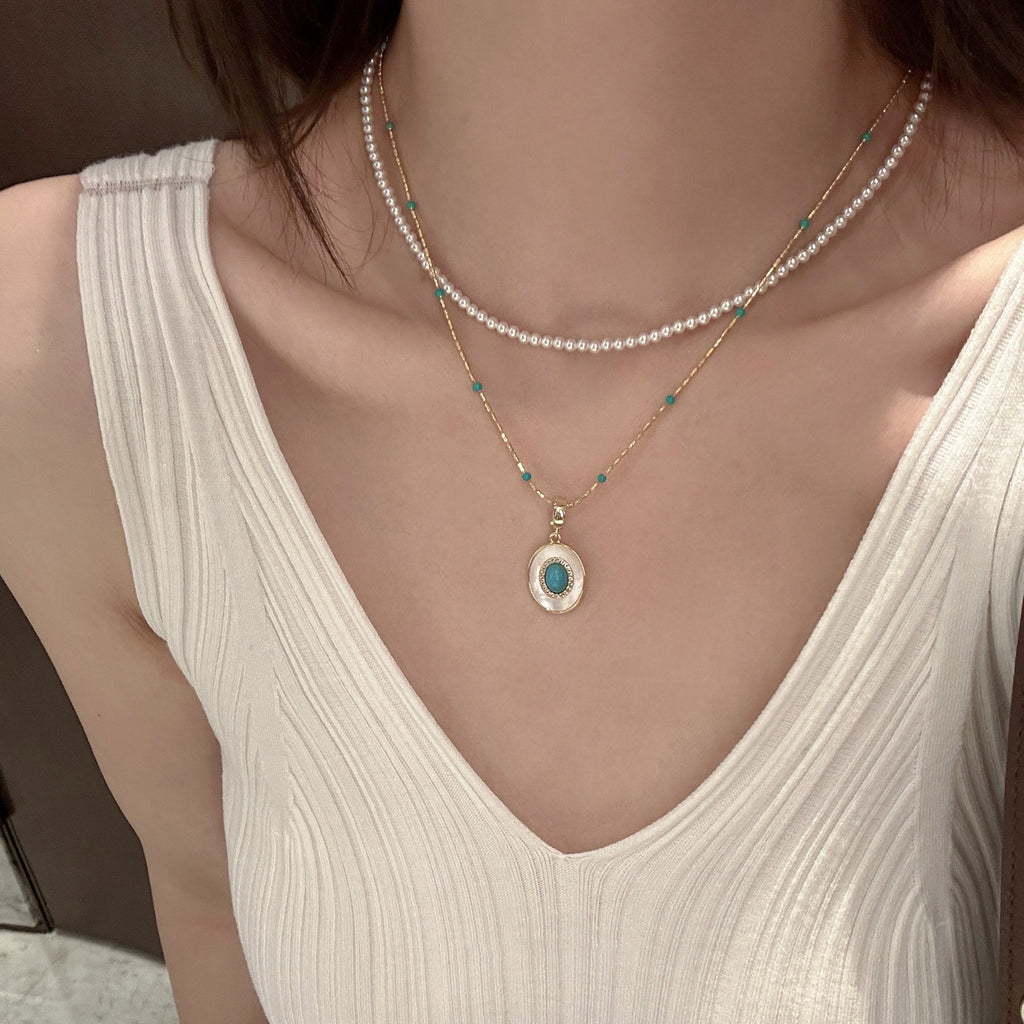 Turquoise & Pearl Layered Necklace Set – Non-Tarnish Gold Bead Chain with Oval Shell Turquoise Pendant Clavicle Choker for Women