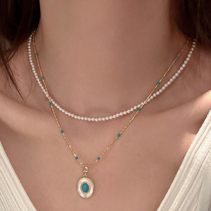 Turquoise & Pearl Layered Necklace Set – Non-Tarnish Gold Bead Chain with Oval Shell Turquoise Pendant Clavicle Choker for Women