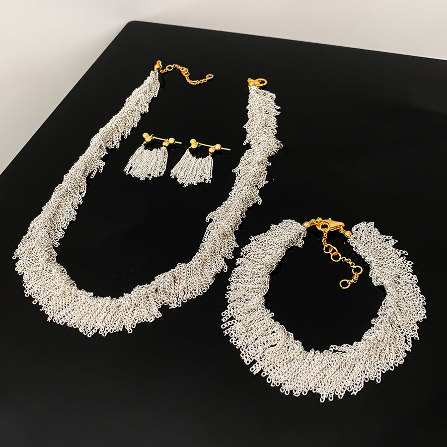 Galaxy Waterfall Tassel Jewelry Set – Shimmering Multi-Chain Fringe Necklace, Bracelet & Earrings Set for Women