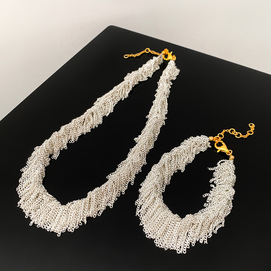Galaxy Waterfall Tassel Jewelry Set – Shimmering Multi-Chain Fringe Necklace, Bracelet & Earrings Set for Women