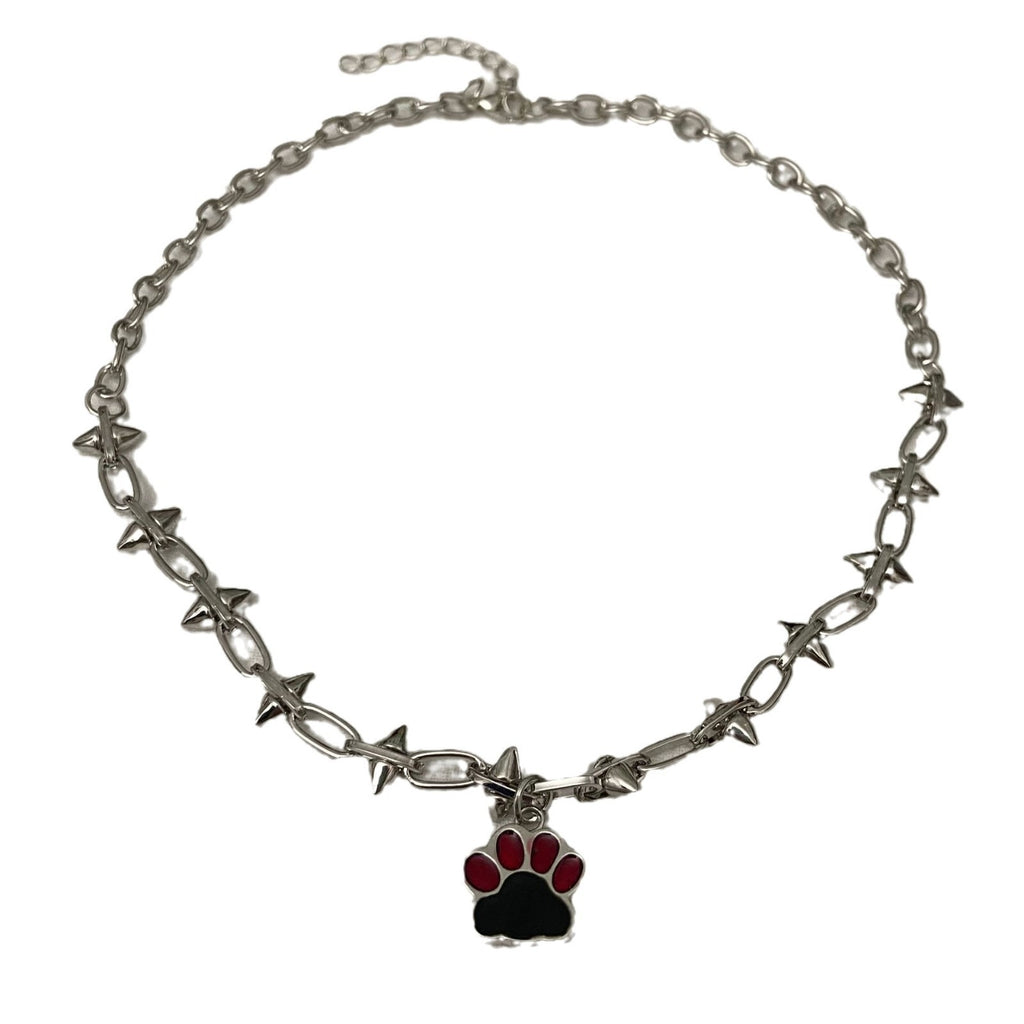 Punk Spike Rivet Chain Cat Paw Pendant Necklace – Edgy Cyberpunk Y2K E-Girl Statement Choker for Women