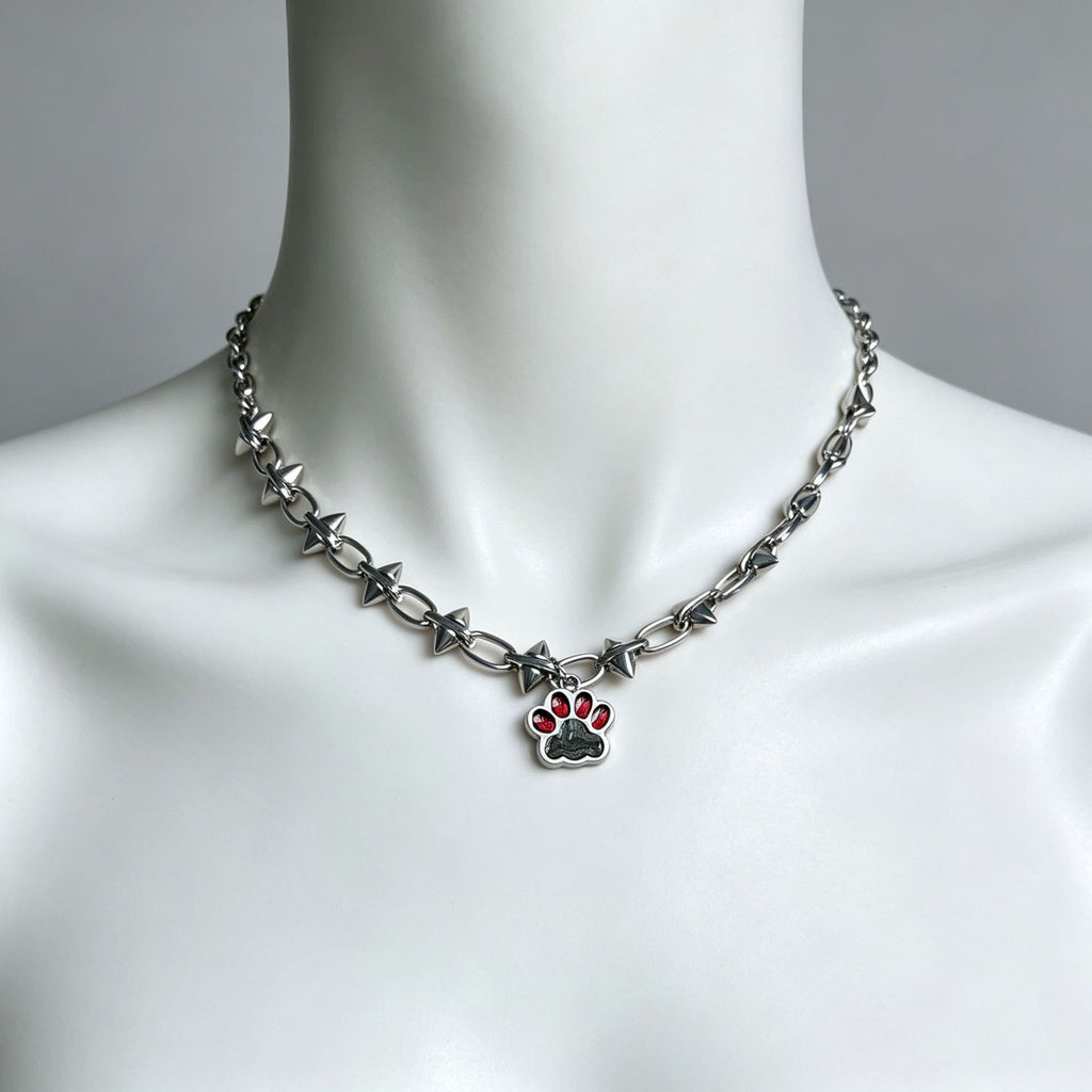 Punk Spike Rivet Chain Cat Paw Pendant Necklace – Edgy Cyberpunk Y2K E-Girl Statement Choker for Women