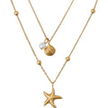 Double-Layer Gold Starfish & Shell Pearl Pendant Necklace – Ocean Island Style Layered Clavicle Chain for Women