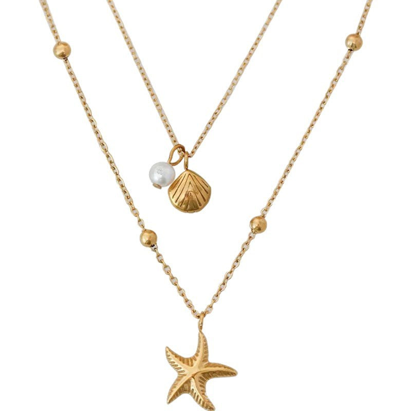 Double-Layer Gold Starfish & Shell Pearl Pendant Necklace – Ocean Island Style Layered Clavicle Chain for Women