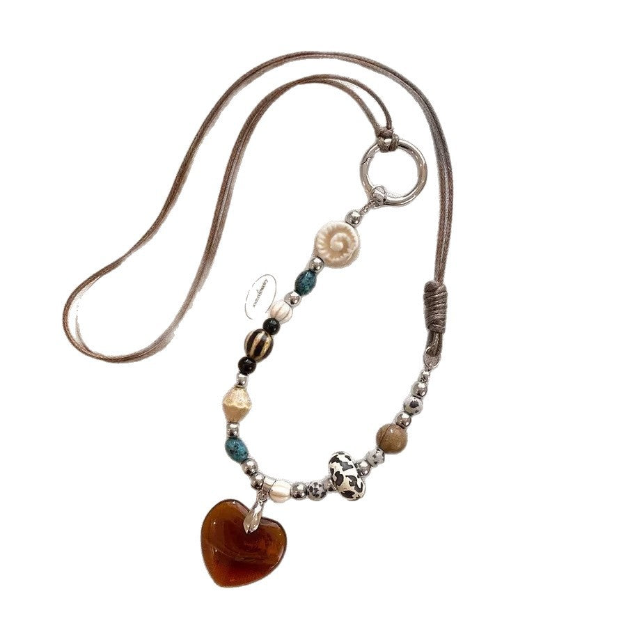 Ethnic Boho Amber Resin Heart Pendant Long Cord Necklace – Hand-Beaded Vintage Sweater Chain for Women
