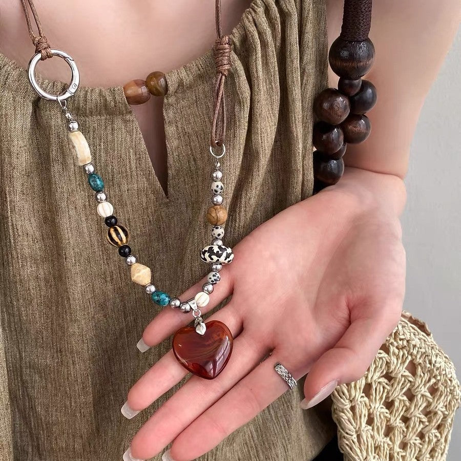 Ethnic Boho Amber Resin Heart Pendant Long Cord Necklace – Hand-Beaded Vintage Sweater Chain for Women