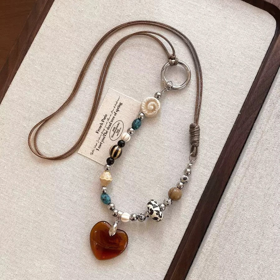 Ethnic Boho Amber Resin Heart Pendant Long Cord Necklace – Hand-Beaded Vintage Sweater Chain for Women