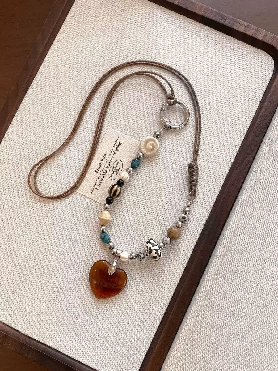 Ethnic Boho Amber Resin Heart Pendant Long Cord Necklace – Hand-Beaded Vintage Sweater Chain for Women